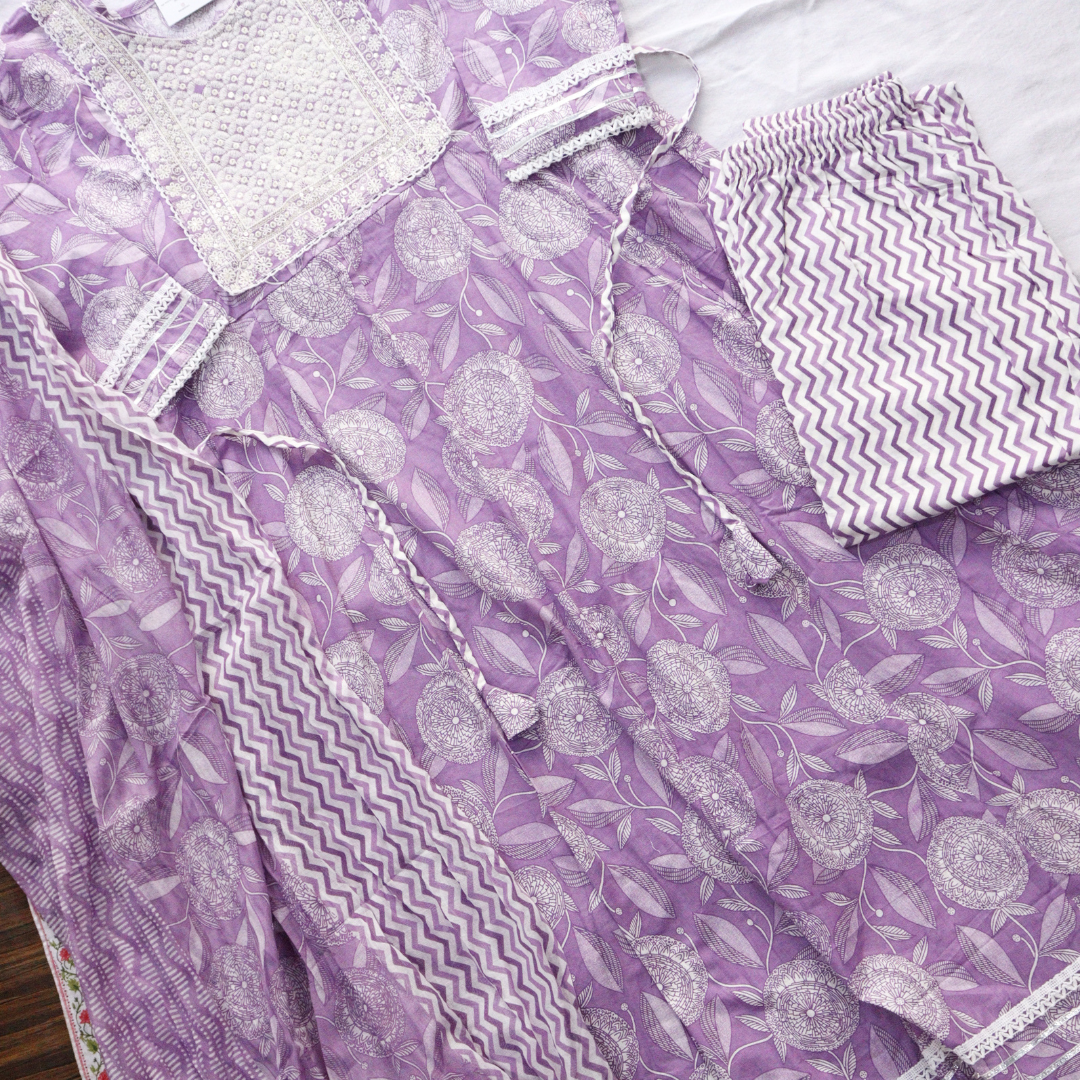 Purple Frock Style Cotton Suit Set