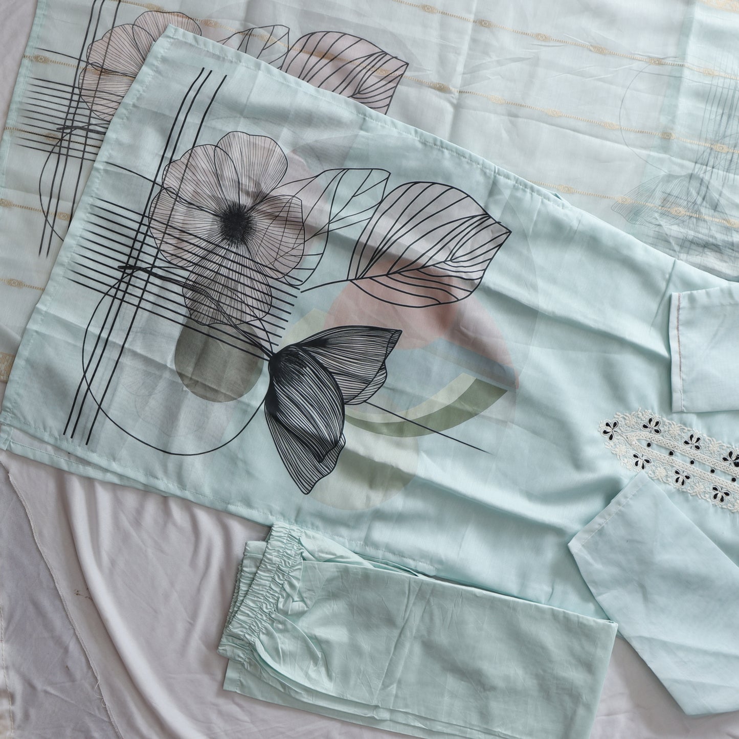 Pastel Digital Printed Silk Suit Set