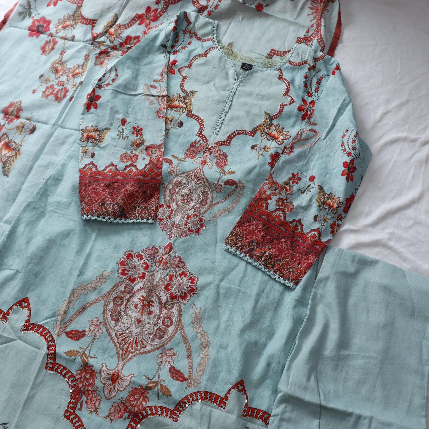 Digital Print Mul Cotton Suit Set with hand embroidery