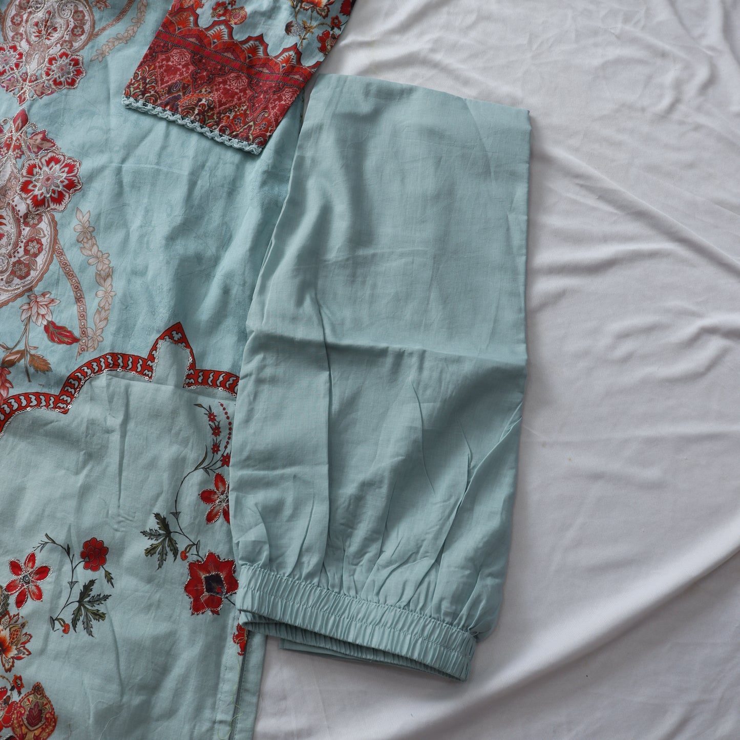 Digital Print Mul Cotton Suit Set with hand embroidery