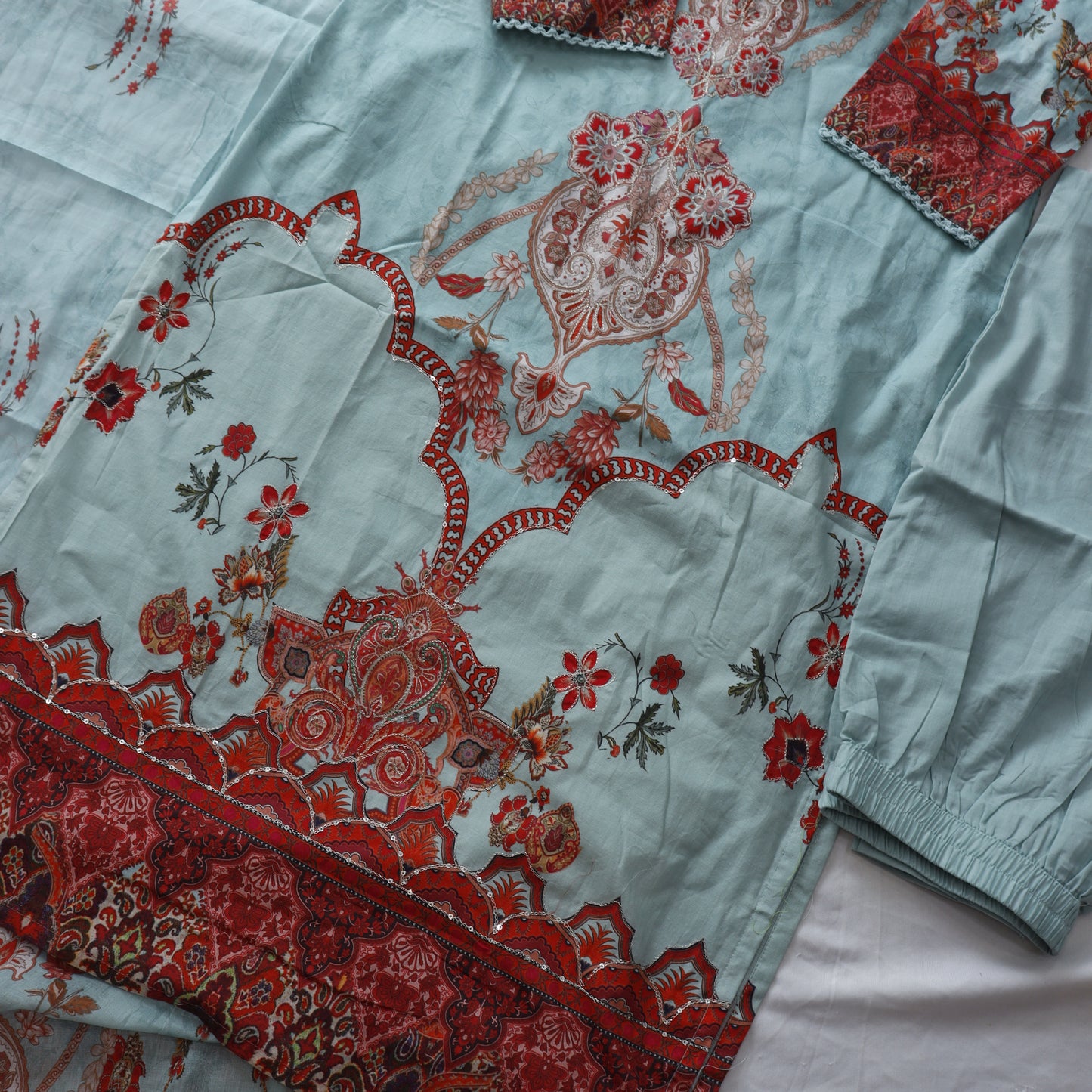 Digital Print Mul Cotton Suit Set with hand embroidery