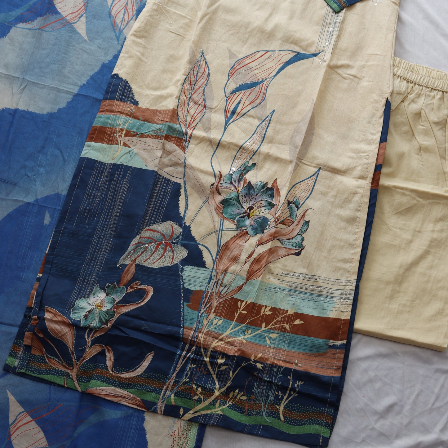 Digital Print Mul Cotton Suit Set with hand embroidery