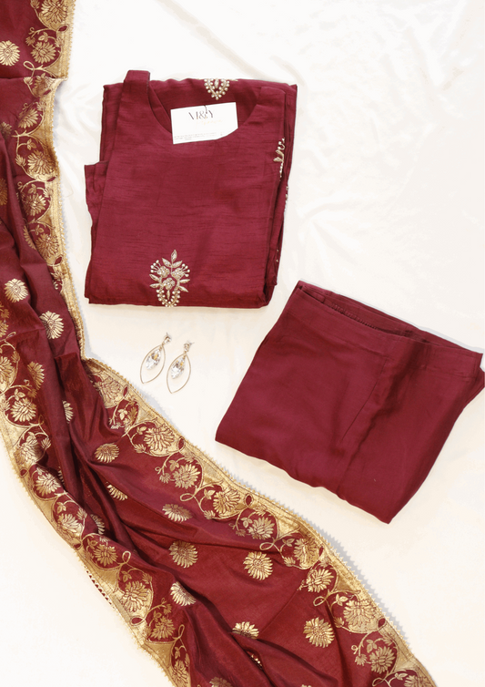 Maroon Beads Work Suit Set