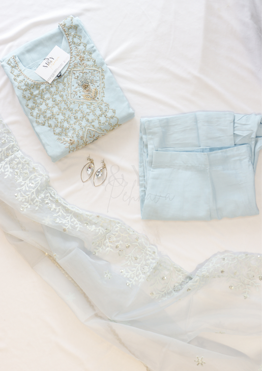 Sky Blue Beads Work Suit Set