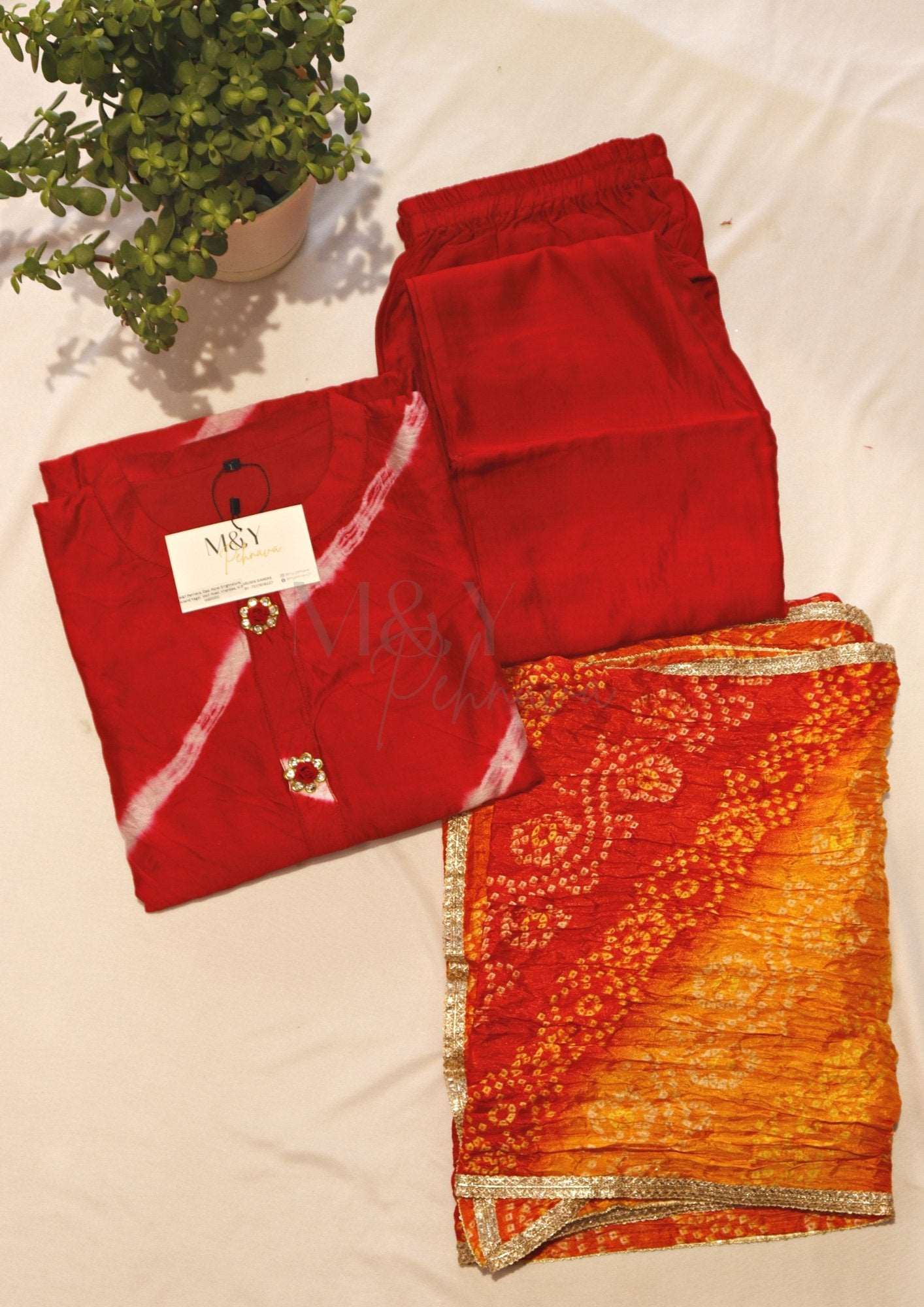 Red Leheriya Bandhej Cotton Suit Set - M&Y Pehnava