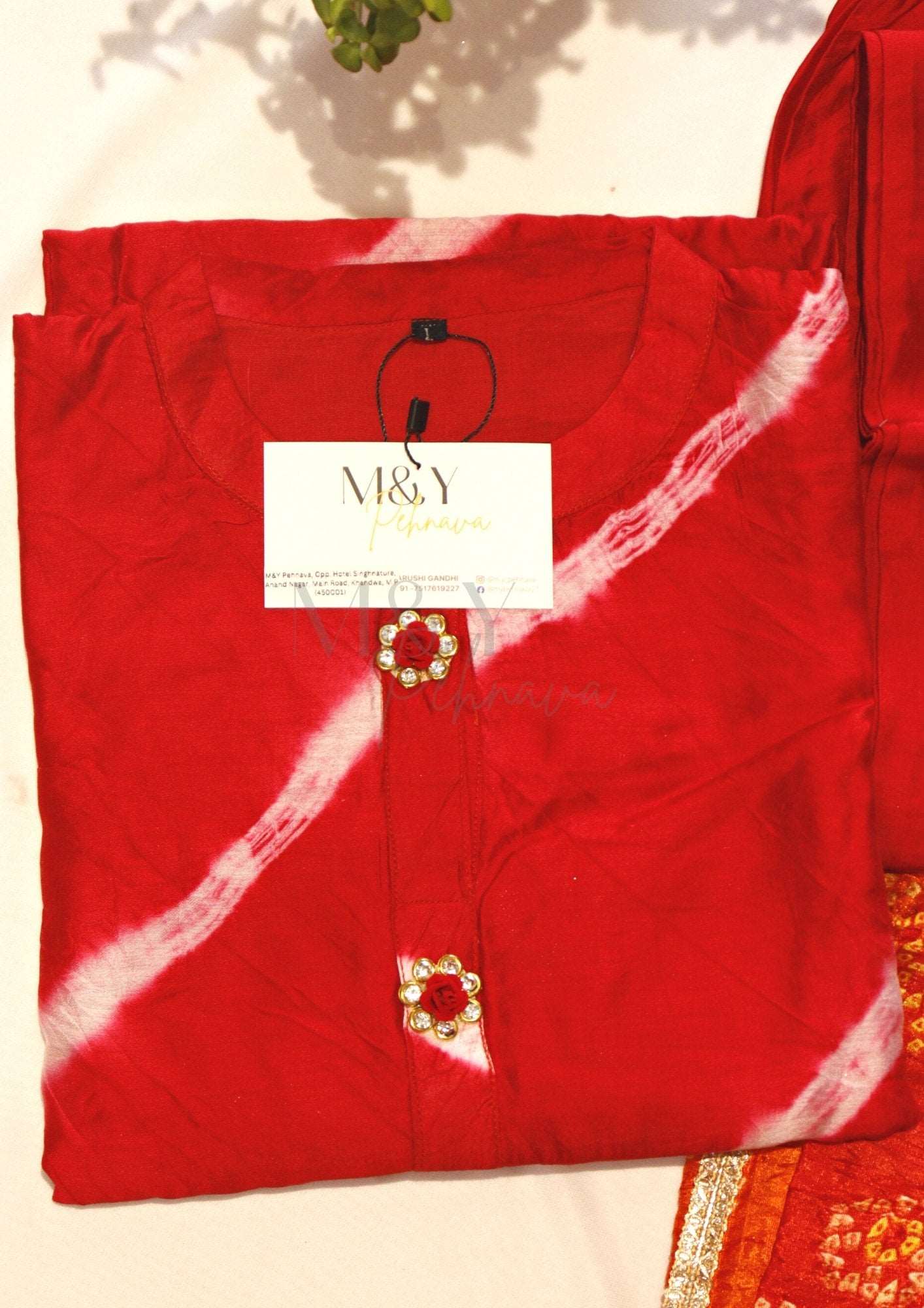 Red Leheriya Bandhej Cotton Suit Set - M&Y Pehnava