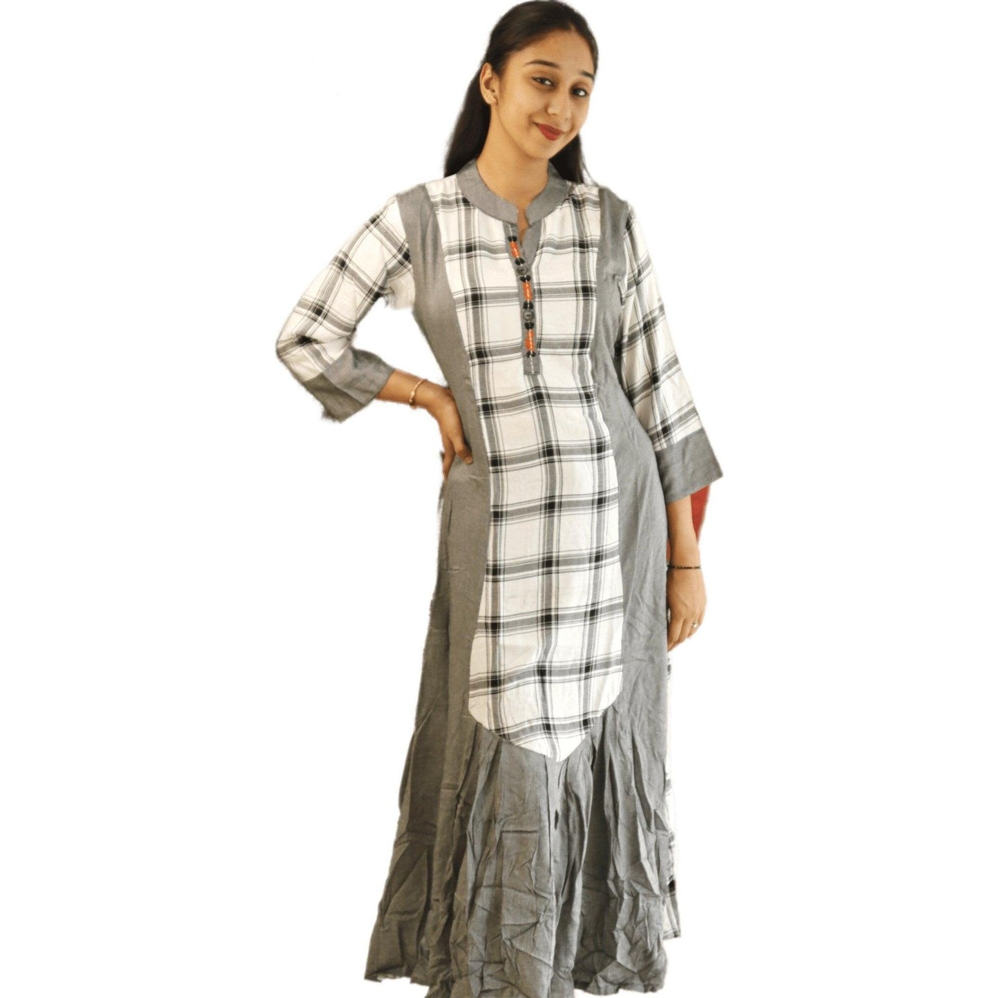 Checkered Cotton Long Kurti - M&Y Pehnava