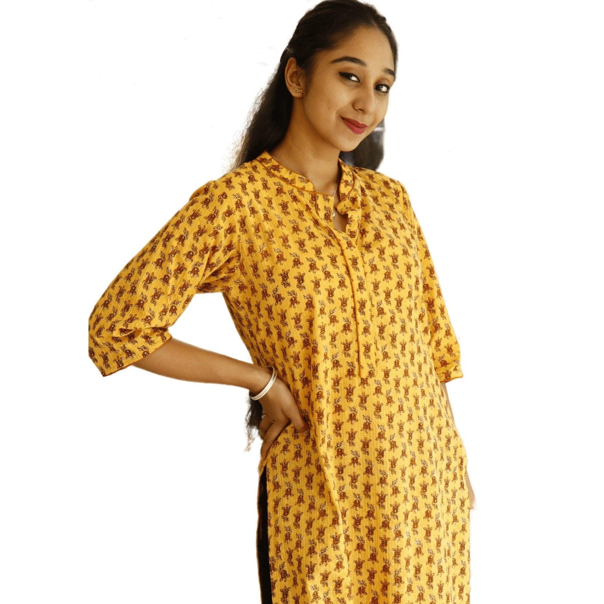 Kantha work Printed Cotton Straight Kurti - M&Y Pehnava