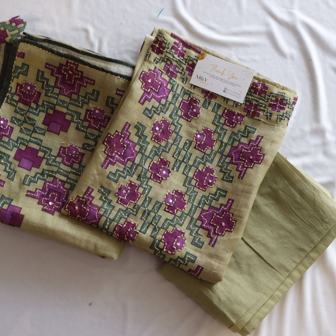 Olive Kantha Work Unstitched Hand Embroidered Suit Set