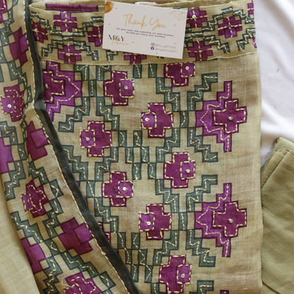Olive Kantha Work Unstitched Hand Embroidered Suit Set