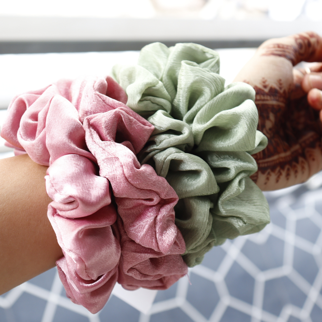 Pista Green & Rose Pink - Set Of 4 Scrunchies