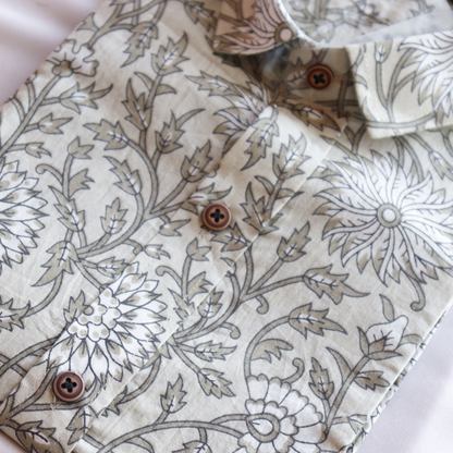 Grey Floral Printed Short Sleeve Cotton Shirt
