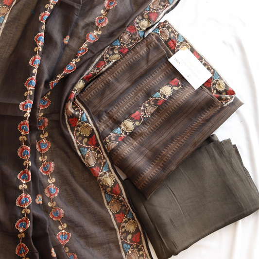 Brown Kantha Work Unstitched Hand Embroidered Suit Set