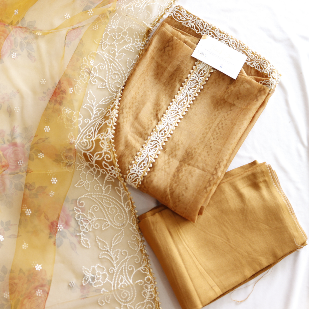 Mustard Organza Thread Work Unstitched Suit Set