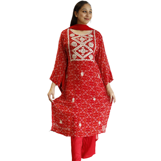 Red Bandhej Gota Patti Suit Set