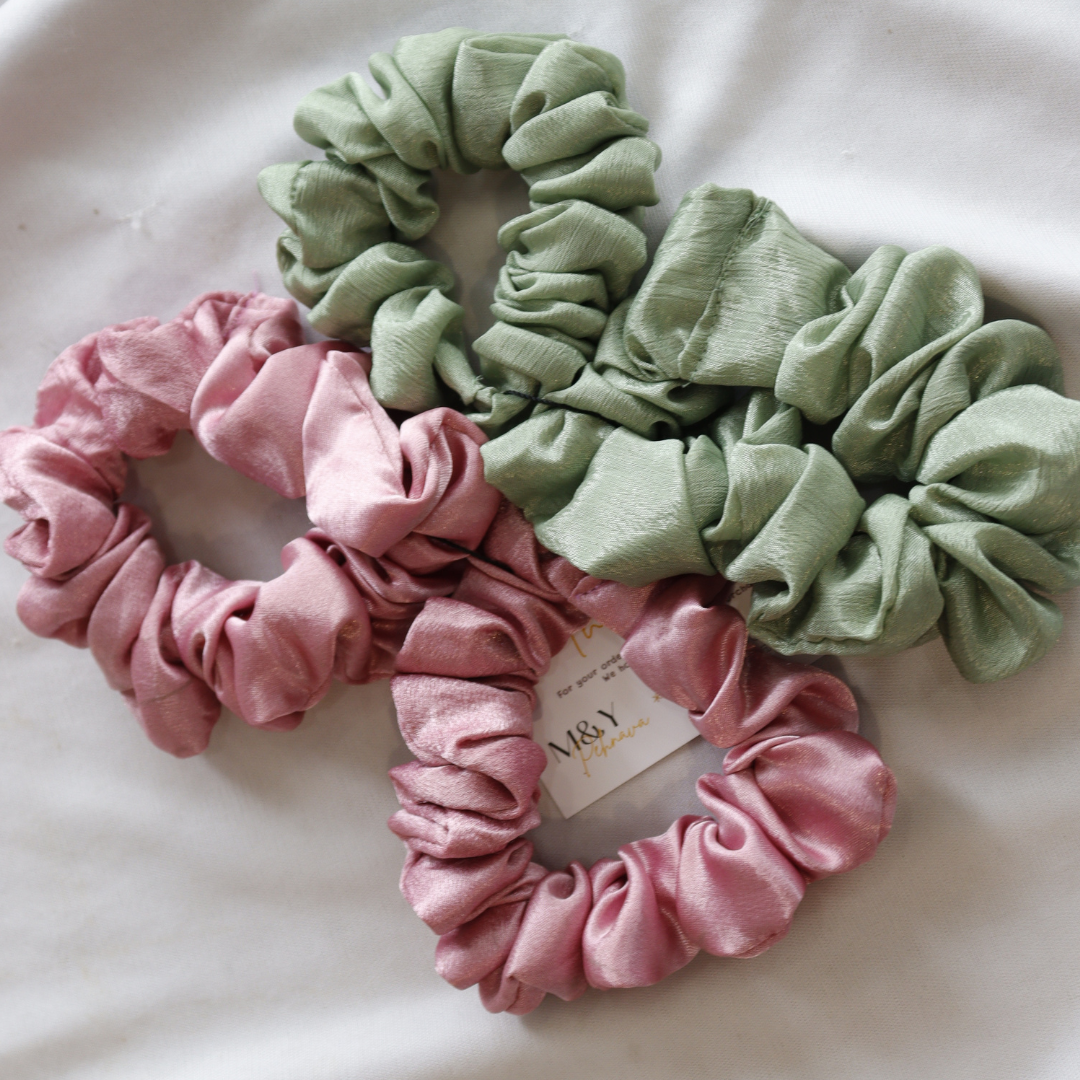 Pista Green & Rose Pink - Set Of 4 Scrunchies