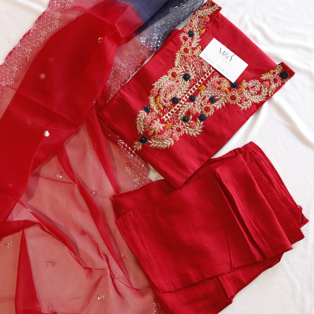 Red with Blue Ombre Dupatta Suit Set