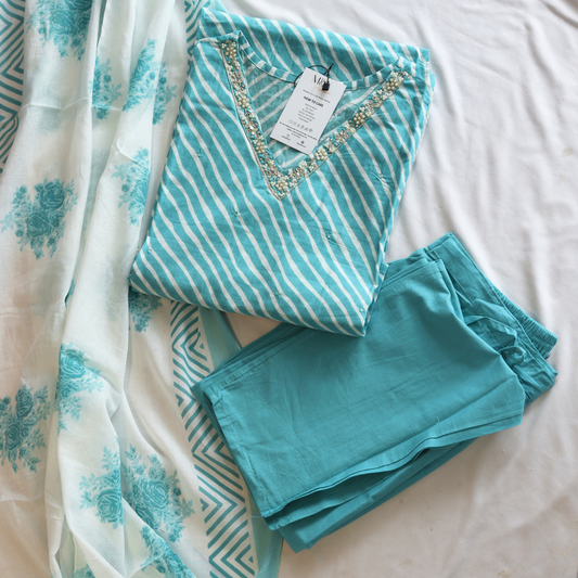 Sea Green Leheriya Cotton Suit Set