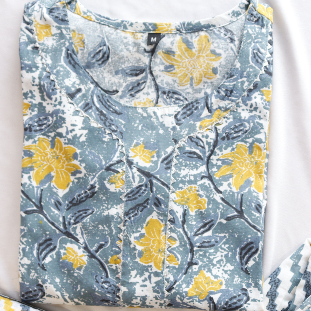 Pure Cotton Block Print Suit Set in Floral Print