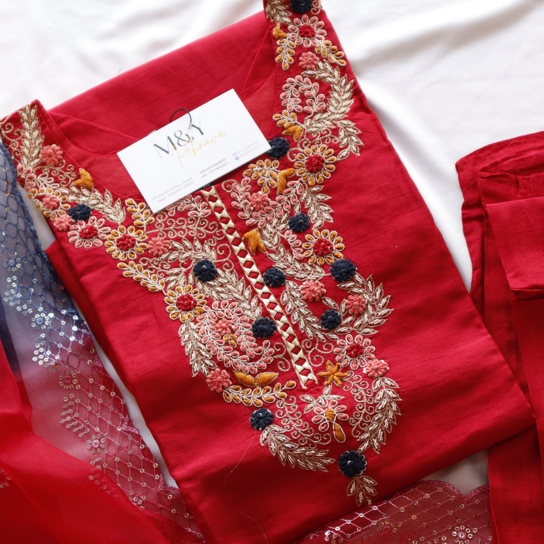 Red with Blue Ombre Dupatta Suit Set