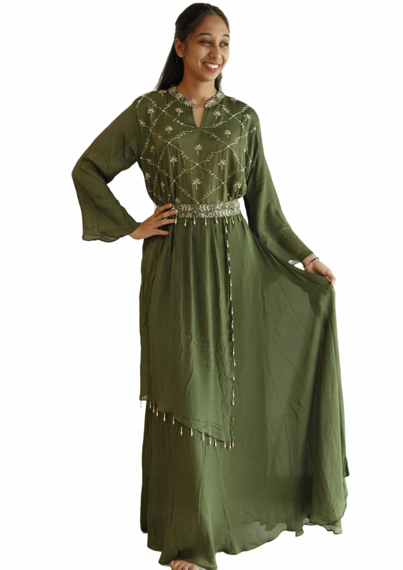 Pure Crepe Olive Handwork Gown - M&Y Pehnava