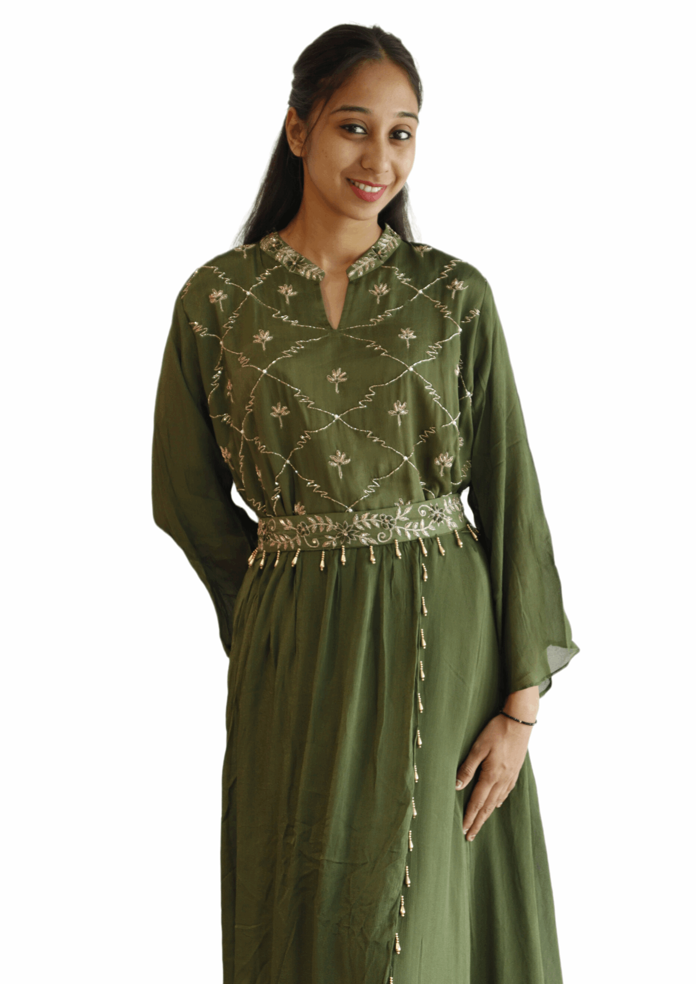 Pure Crepe Olive Handwork Gown - M&Y Pehnava