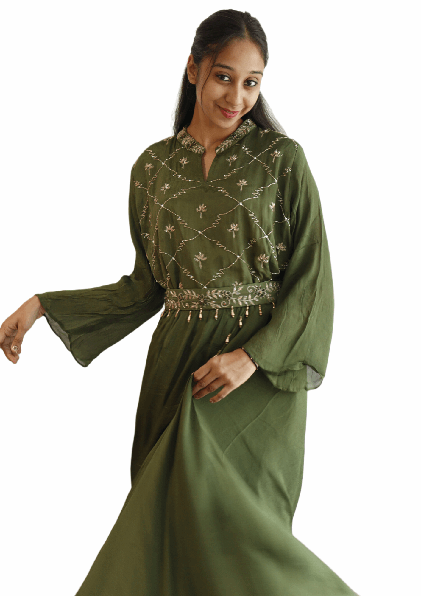 Pure Crepe Olive Handwork Gown - M&Y Pehnava