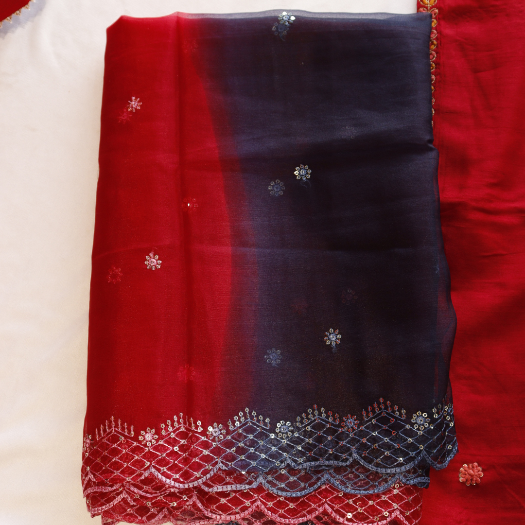 Red with Blue Ombre Dupatta Suit Set