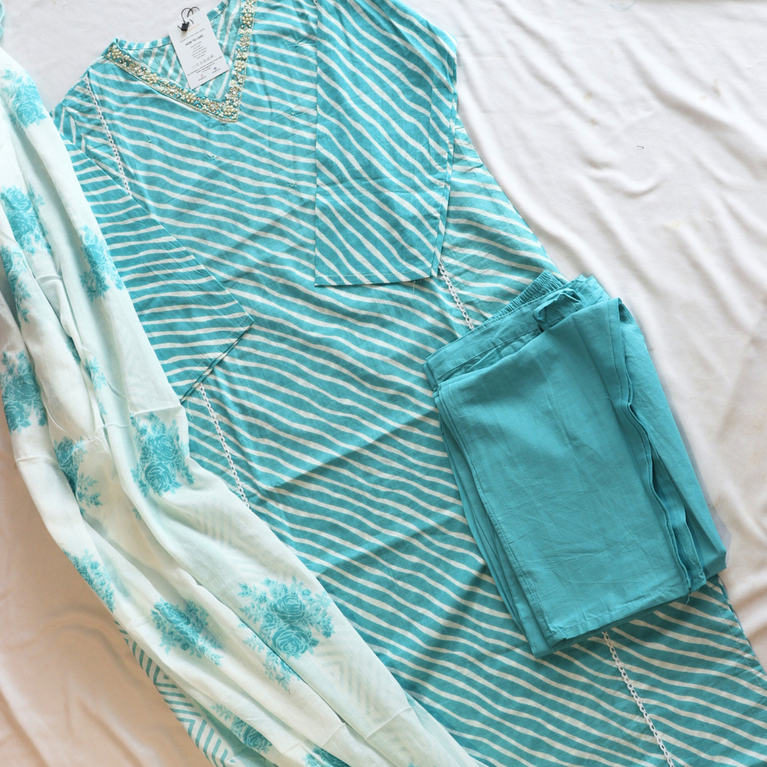 Sea Green Leheriya Cotton Suit Set