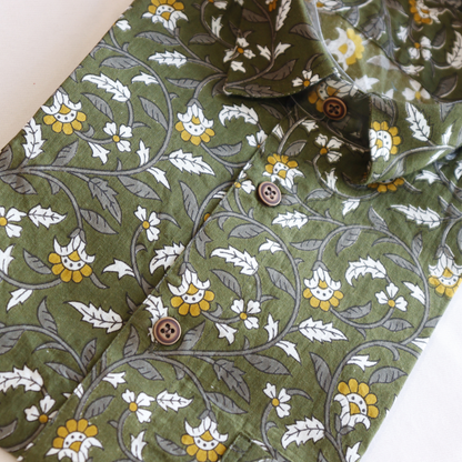 Olive Floral Printed Short Sleeve Cotton Shirt