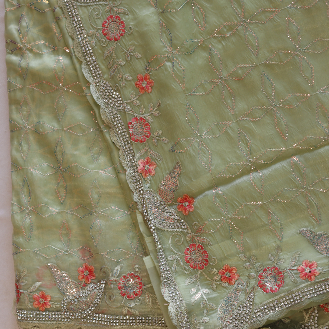 Crushed Tissue Sequence Jaal Work Embroidered Saree