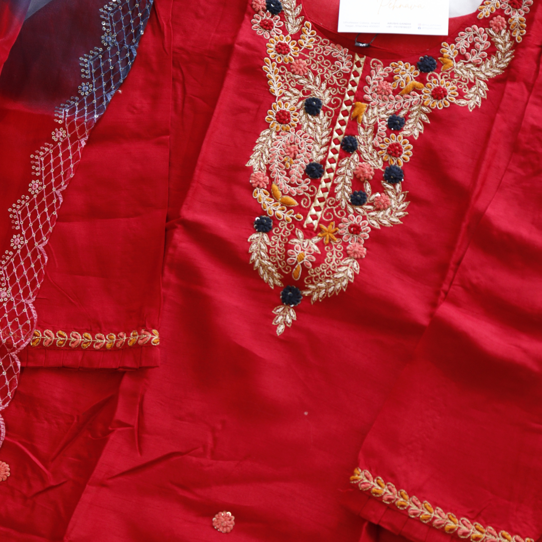 Red with Blue Ombre Dupatta Suit Set