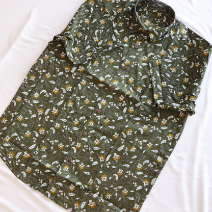 Olive Floral Printed Short Sleeve Cotton Shirt