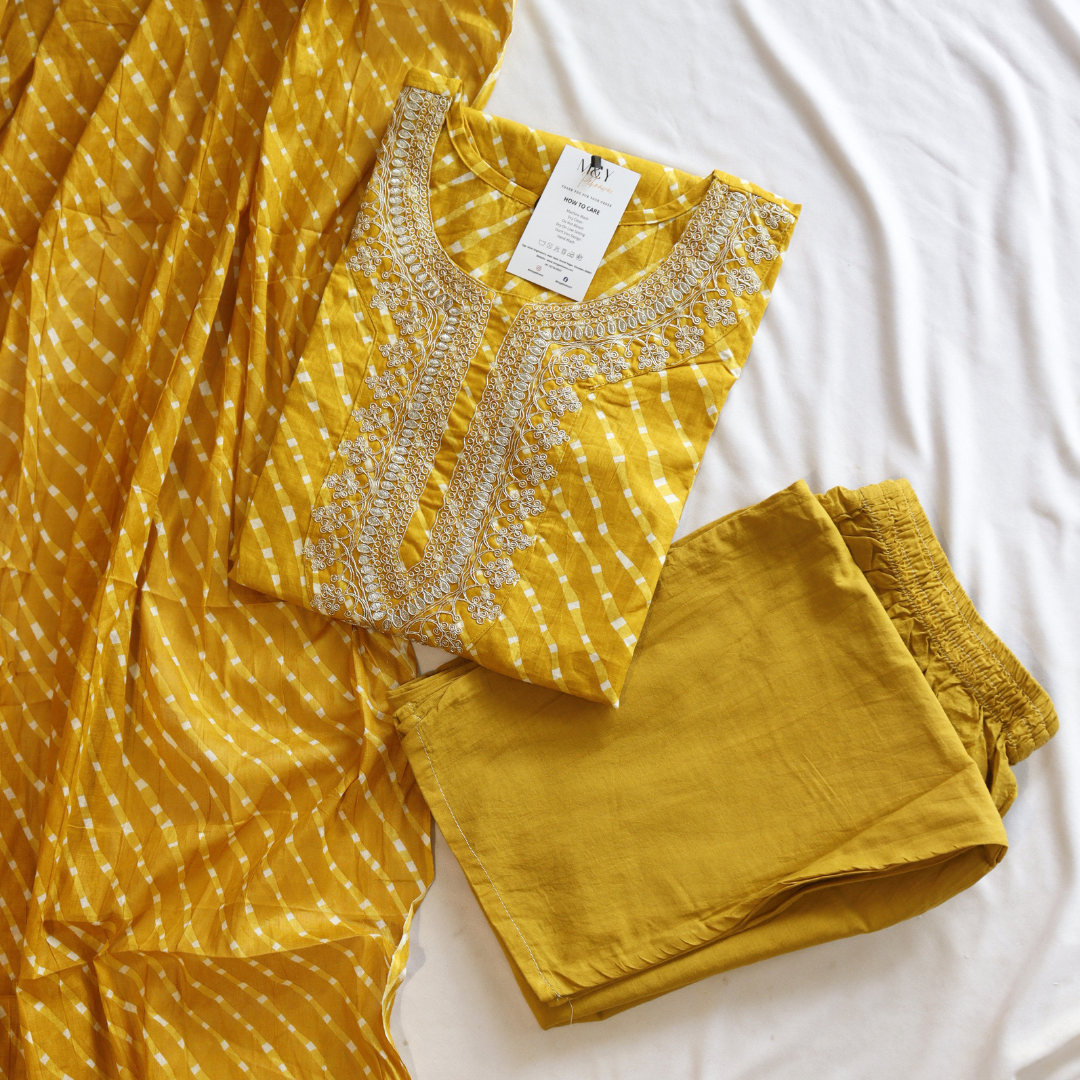 Mustard Leheriya Cotton Suit Set