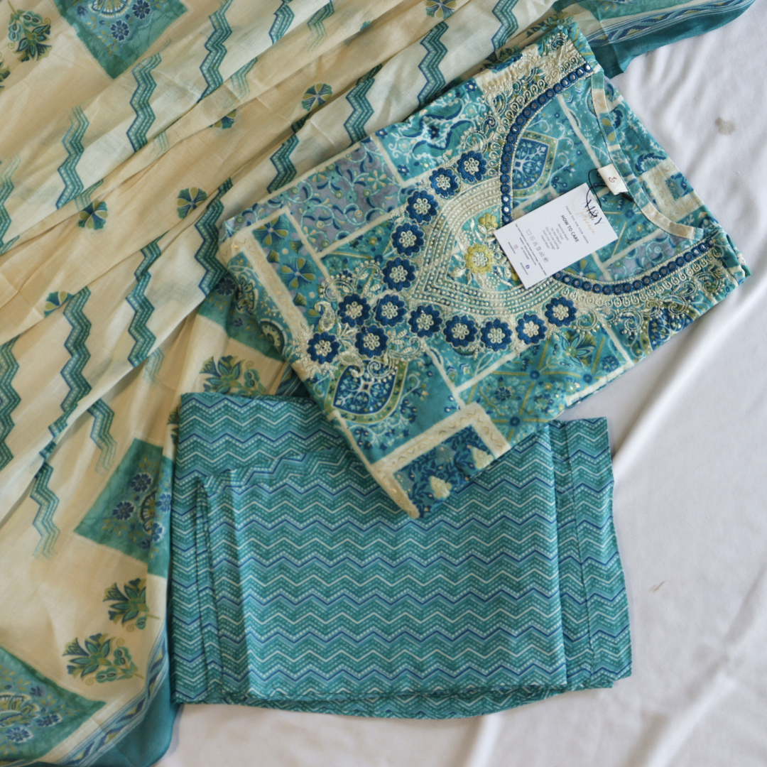 Turquoise Blue Pure Cotton Suit Set