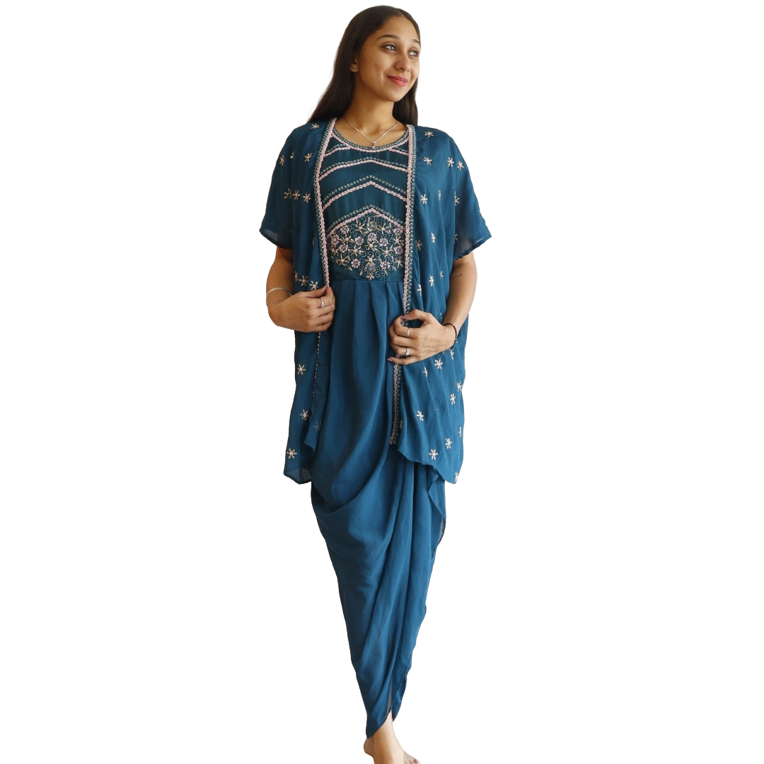Royal Blue Beads Work Gown With Shrug