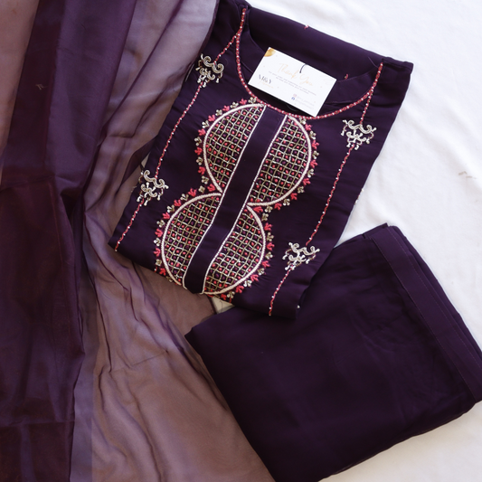 Wine Beads Work Sharara Suit Set