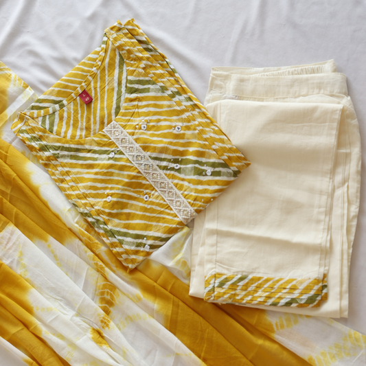 Yellow Pure Cotton Leheriya Suit Set