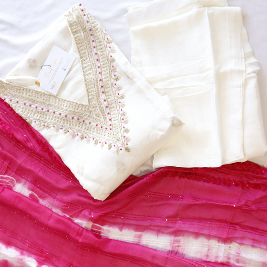 Cream & Pink Beads Work Silk Suit Set