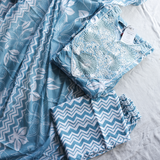 Sea Green Thread Work Cotton Frock Suit Set