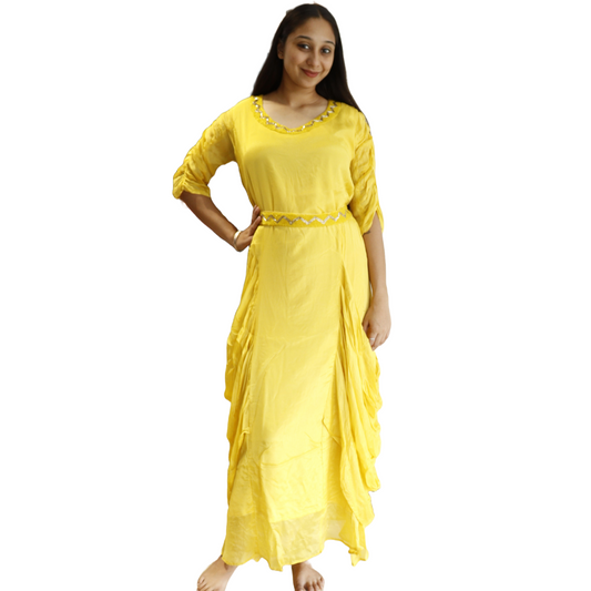 Yellow Drape Gown With Belt