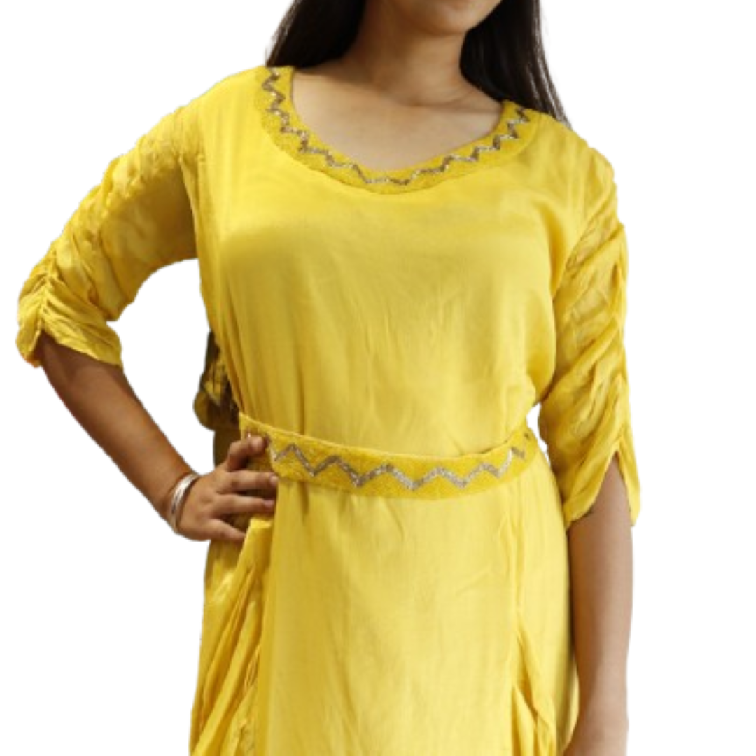 Yellow Drape Gown With Belt