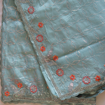 Crushed Tissue Sequence Jaal Work Embroidered Saree