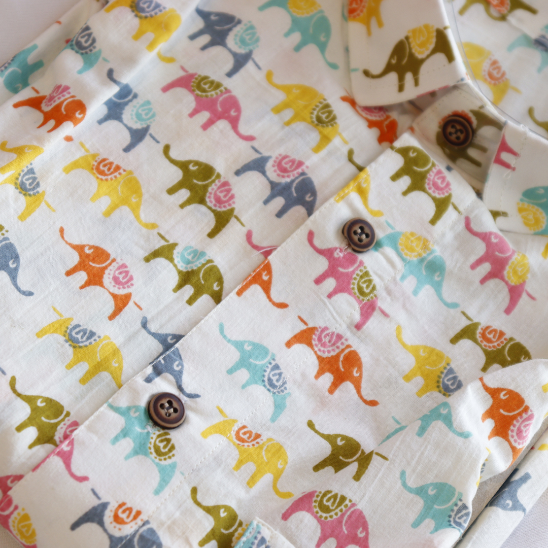 Elephant Printed Short Sleeve Cotton Shirt