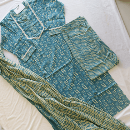 Tale Blue Block Printed Cotton Suit Set - M&Y Pehnava