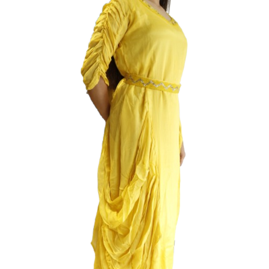 Yellow Drape Gown With Belt