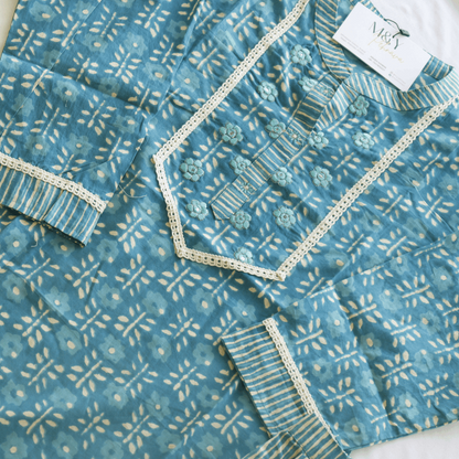 Tale Blue Block Printed Cotton Suit Set - M&Y Pehnava