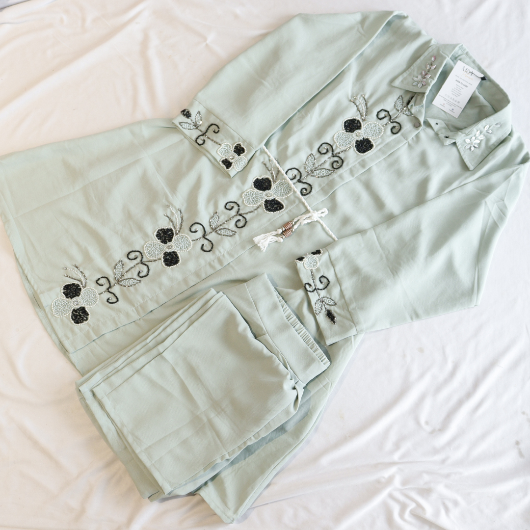 Pista Green Beads Work Heavy Co-Ord Set