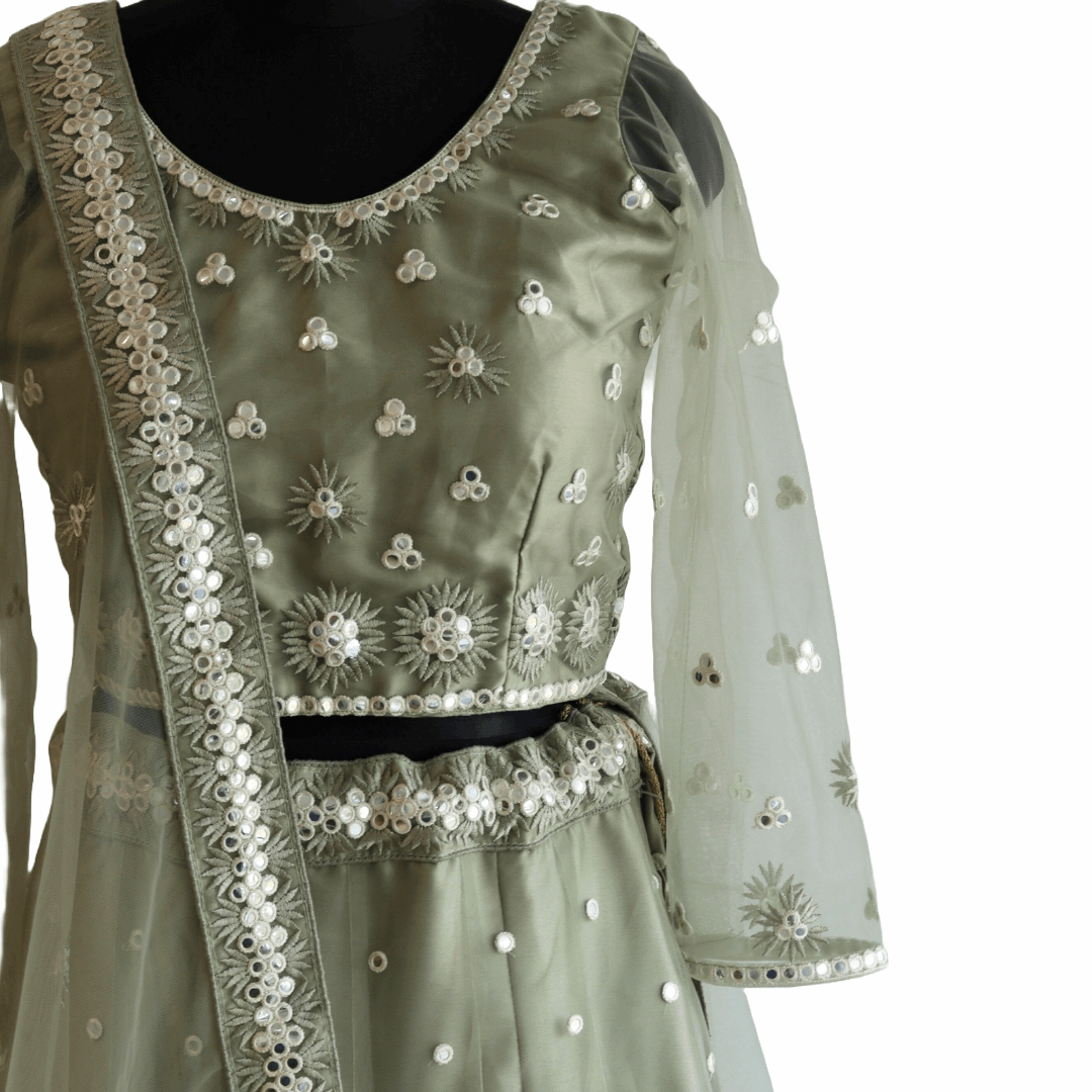 Pastel Green Mirror Work Net Lehenga Set - M&Y Pehnava