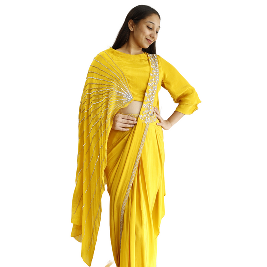 Yellow Drape Saree With Belt